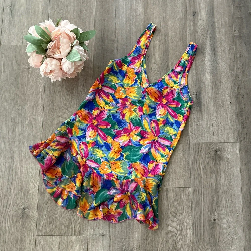 Vintage Tropical Floral Silky Satin Sheer Slip Nightgown Dress‎ - Picture 4 of 5